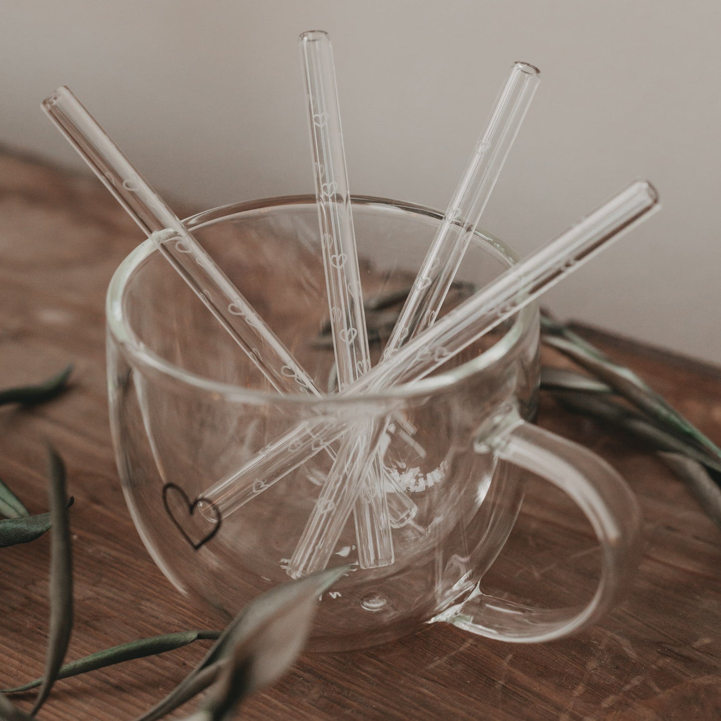 Pailles en forme de cœur en verre 13cm par lot de 4 (VE = 10 lots)