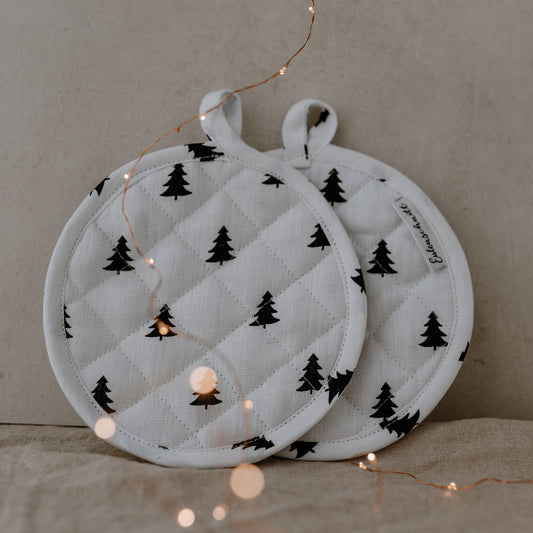 Maniques en lin avec des petits sapins noirs (= 5 Pièces.)