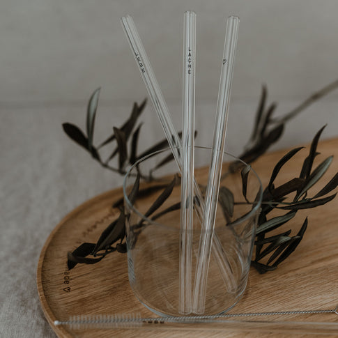 Strohhalme Lebe Liebe Lache schwarz aus Glas 20cm im 4er Set (VE = 10 Sets)