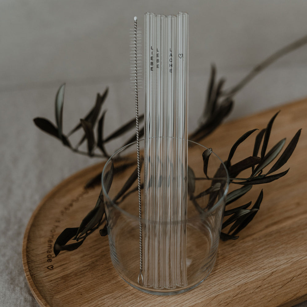 Strohhalme Lebe Liebe Lache schwarz aus Glas 20cm im 4er Set (VE = 10 Sets)