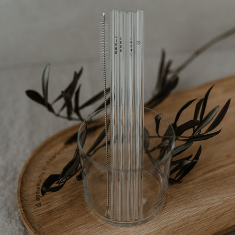 Strohhalme Lebe Liebe Lache schwarz aus Glas 20cm im 4er Set (VE = 10 Sets)