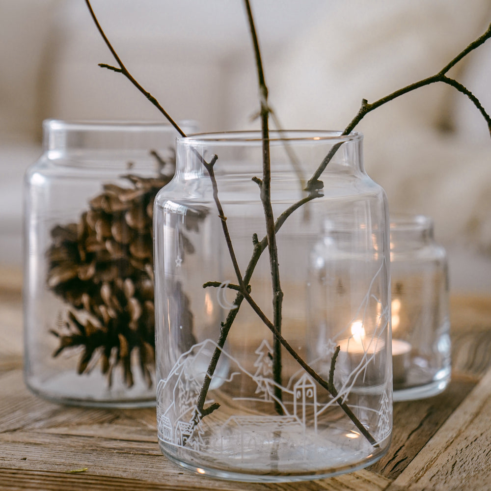 Vase aus Glas groß Schneelandschaft (VE = 6 Stk)