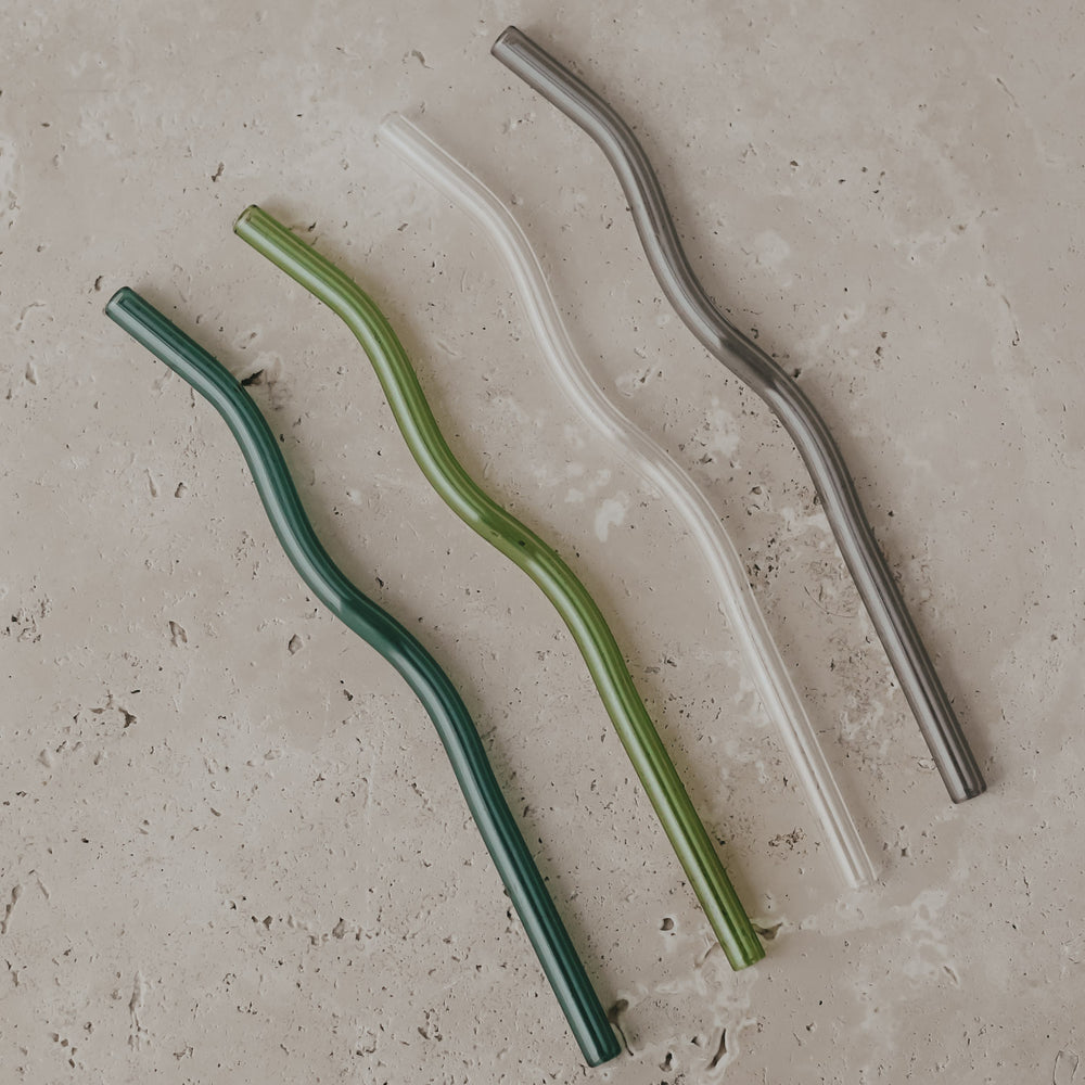 Wavy glass straws 20cm green in 4-piece set (VE = 10 sets)