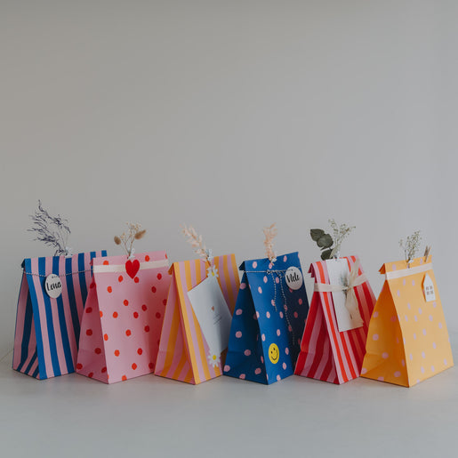 Papiertüten Streifen & Punkte Rosa M im 6er Set (VE = 5 Sets)