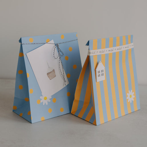 Papiertüten Streifen & Punkte Blau M im 6er Set (VE = 5 Sets)