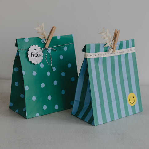 Papiertüten Streifen & Punkte Blau M im 6er Set (VE = 5 Sets)