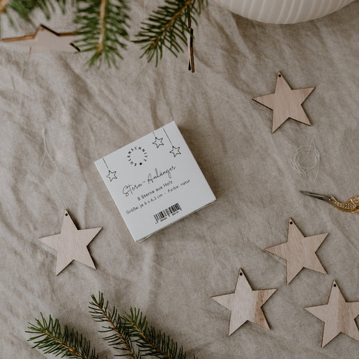 Wooden Pendant Star natural in a Set of 8 (VE= 8 pieces)
