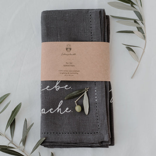 Serviettes en lin Liebe Lebe Lache en lot de 4 (UE = 5 Pièces)