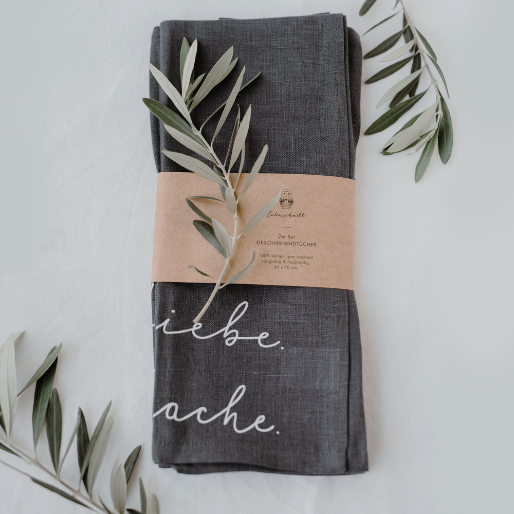 Torchons en lin Lebe Liebe Lache en lot de 2 (UE = 5 Pièces)
