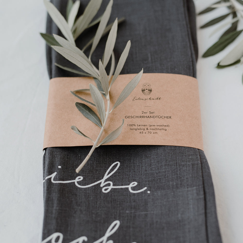 Torchons en lin Lebe Liebe Lache en lot de 2 (UE = 5 Pièces)